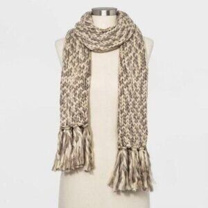 Chunky Knit Scarf With Fringe - Cream & Brown